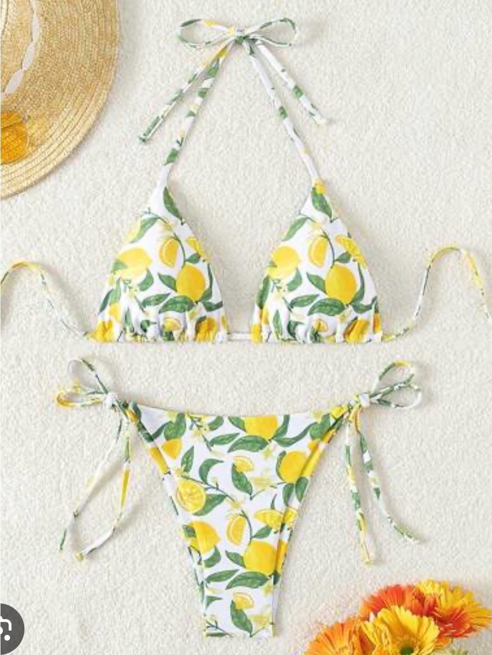 SHEIN White Lemon Print Triangle Tie-Side Bikini